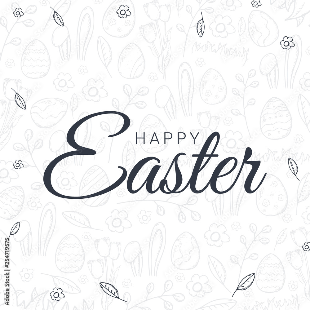 Happy Easter typography poster on the hand-draw doodle backgrounds. Modern calligraphy. Vector illustration.
