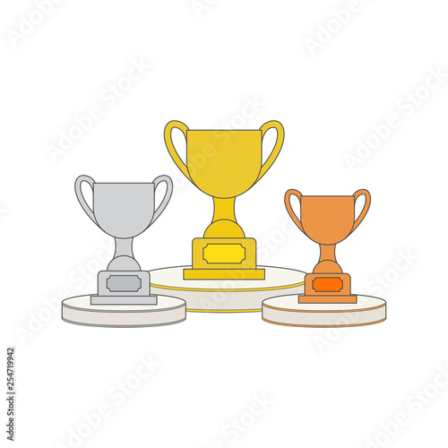 Gold, Silver and Bronze Trophy Cup on prize podium. First place award. Different champions or winners cups in flat style. Vector illustration.