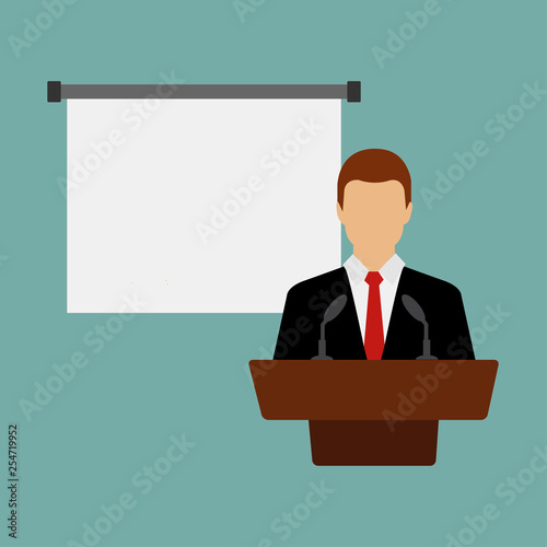 Business conference, business meeting. Man at rostrum in front of audience. Public speaker giving a talk at conference hall. Orator at tribune concepts. Modern flat design vector illustration