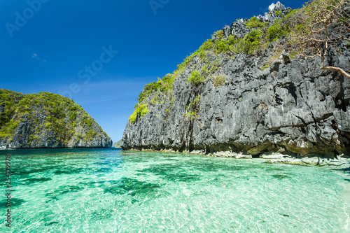 Beautiful tropical blue lagoon. Scenic landscape with sea bay and mountain islands, El Nido, Palawan, Philippines