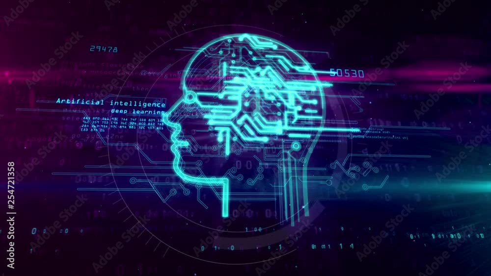 Artificial intelligence with cyber head sign on digital background. Cybernetic brain 3D abstract animation. Artificial intelligence with cyber head sign on digital background. Cybernetic brain 3D abstract animation.