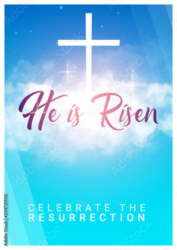 He is risen. Christian easter scene. Saviour's cross on dramatic sunrise scene.