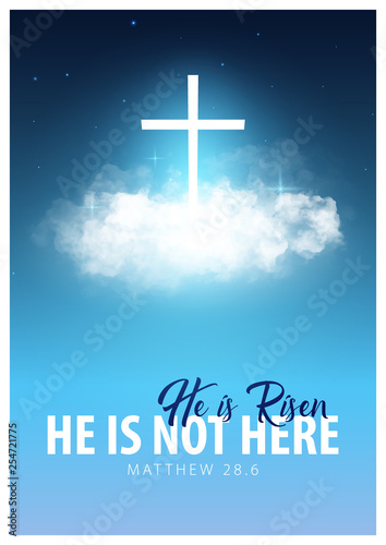He is risen. Christian easter scene. Saviour's cross on dramatic sunrise scene.