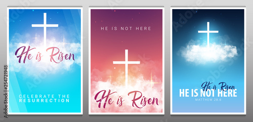 He is risen. Christian easter scene. Saviour's cross on dramatic sunrise scene.