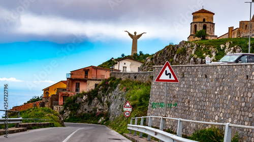 MARATEA, BASILIKATA, ITALY - The Curvy Road leading to the summit of Monte San Biagio, at Maratea, on the coast of Tyrrhenian Sea (Mar Tirreno) in the south of Italy. On a cloudy day in May. photo