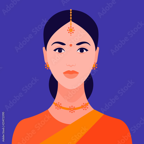 Portrait of an Indian woman in a sari. Girl's face. Girl head.  Vector flat illustration
