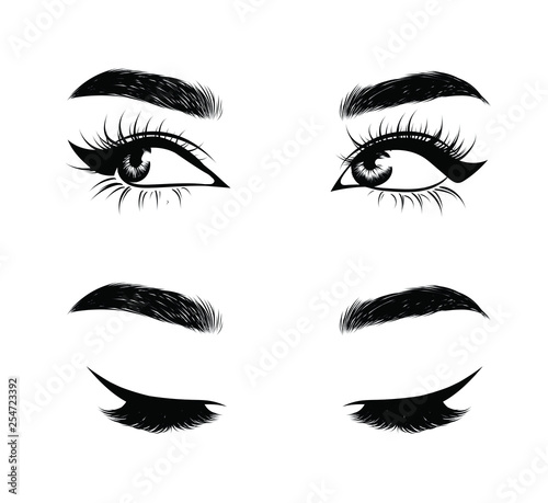 Abstract fashion illustration of the eye with creative makeup. Hand drawn vector idea for business visit cards, templates, web, salon banners,brochures. Natural eyebrows and glam eyelashes