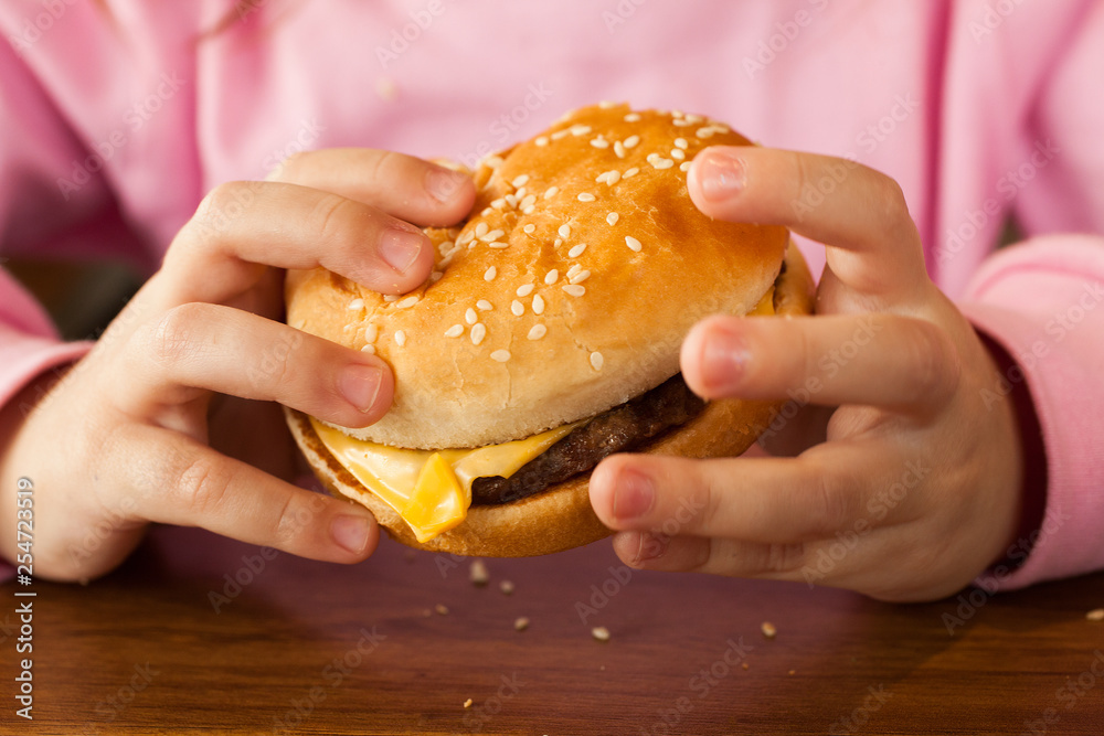 Little child eating a hamburger in the cafe Little child eating a hamburger in the cafe