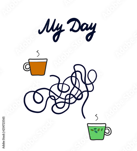 My day hand drawn illustration with coffee and mint tea in cartoon style