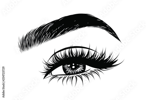 Abstract fashion illustration of the eye with creative makeup. Hand drawn vector idea for business visit cards, templates, web, salon banners,brochures. Natural eyebrows and glam eyelashes