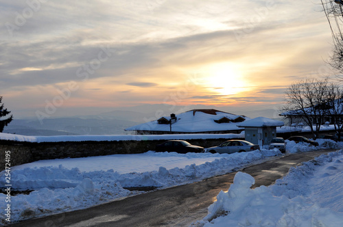 Snow sunset in Arbanasi, Velico Tarnovo, Bulgaria.