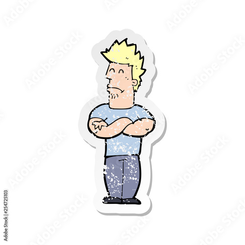 retro distressed sticker of a cartoon sulking man