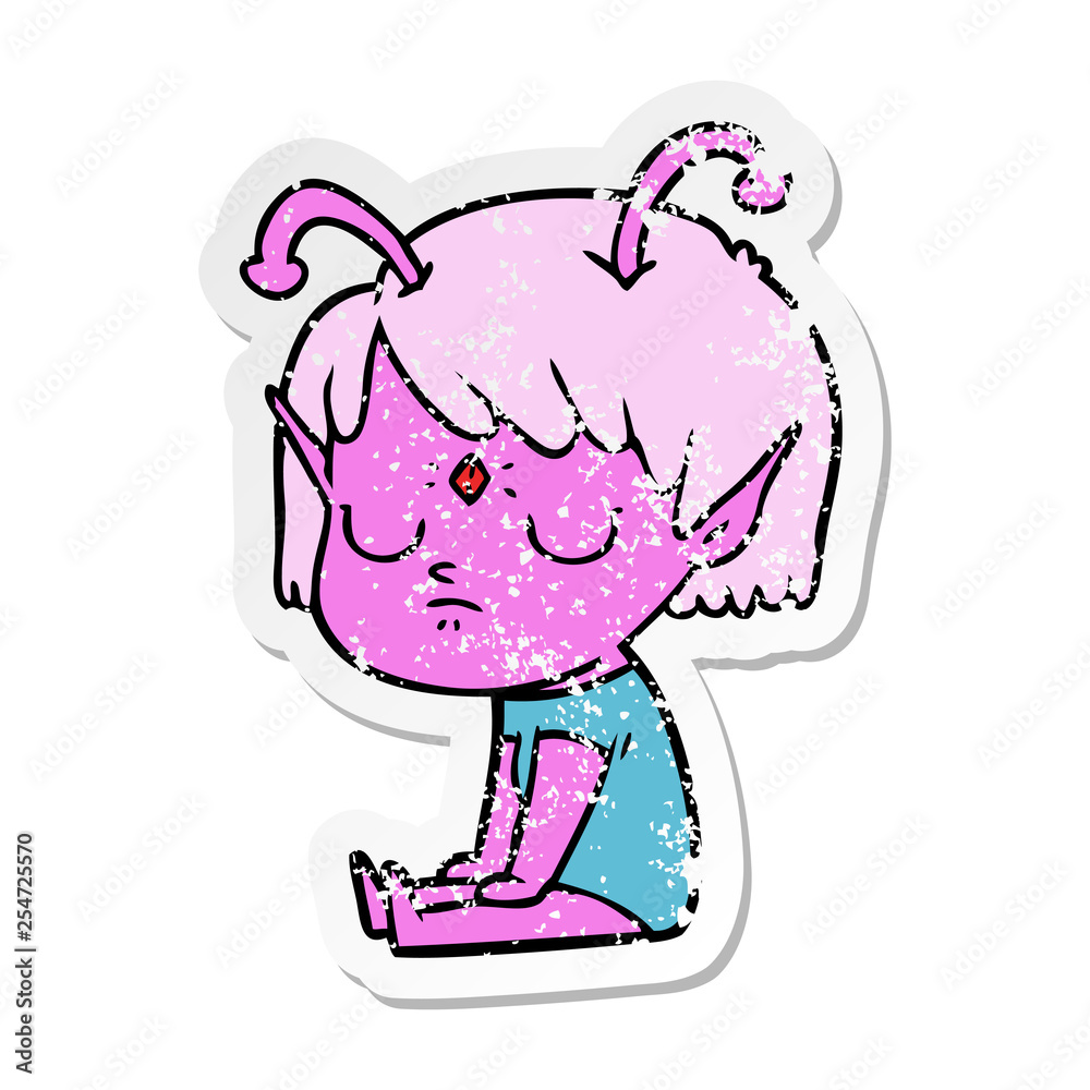 distressed sticker of a cartoon alien girl distressed sticker of a cartoon alien girl