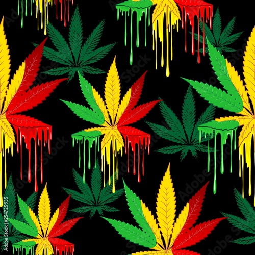 Marijuana Leaf Rasta Colors Dripping Paint Vector Seamless Pattern