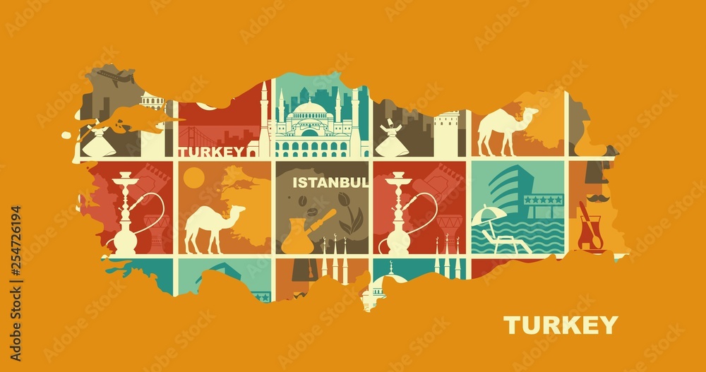 Naklejka premium Traditional symbols of Turkey and Istanbul. Vector illustration in the form of a map of Turkey