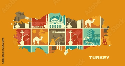 Traditional symbols of Turkey and Istanbul. Vector illustration in the form of a map of Turkey