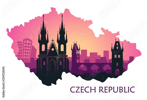 Landscape of Prague with sights. Abstract skyline in the form of a map of the Czech Republic