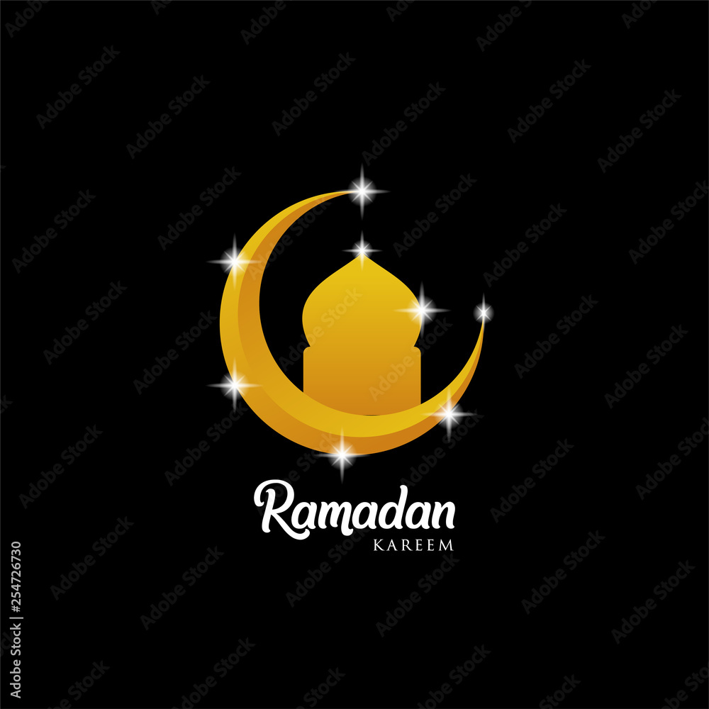 Ramadan kareem background, illustration with mosque dome and golden ornate crescent, on black background. EPS 10 contains transparency - vector