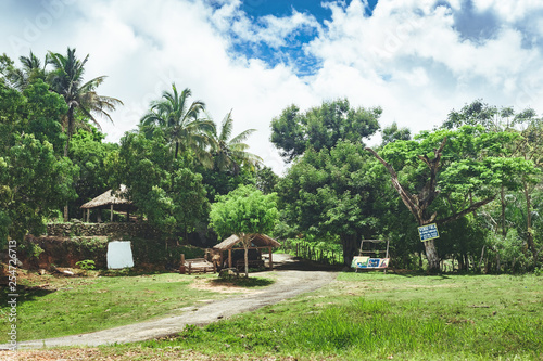 Natine rural houses on Beautiful vibrant background consisting of trees of the rain forest of Central America. Typical landscape of Dominican republic, Guatemala, Costa Rica.