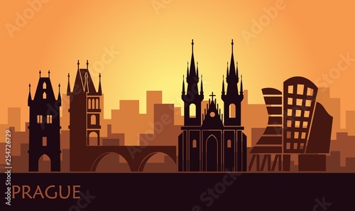 Stylized landscape of Prague with the main sights at sunset