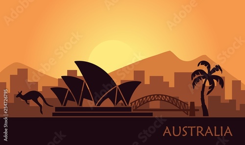 Abstract landscape of Australia at sunset. Vector illustration