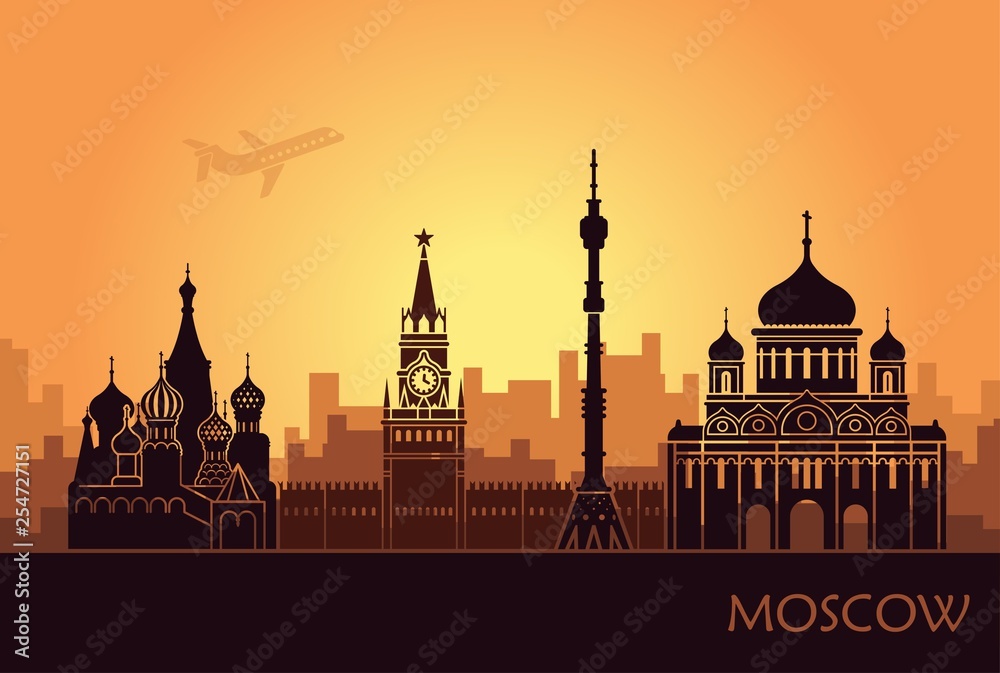 Abstract landscape of Moscow with sights at sunset
