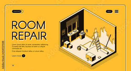 Apartment room repair and decoration service isometric vector web banner. Dwelling walls wallpapering cross section illustration. Construction company, interior design agency landing page template