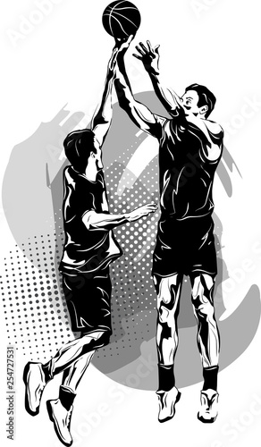 Black and white image of two basketball players.