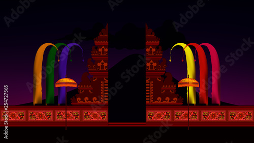Traditional Balinese Temple Entrance With Sunset Mountain Sky Landscape