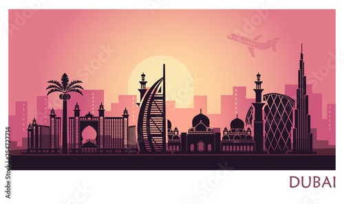 Abstract Dubai city landscape with sunset background