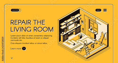 House repair service isometric vector web banner. Home living room on reconstruction, walls and floor renewal works cross section illustration. Construction or interior design company landing page