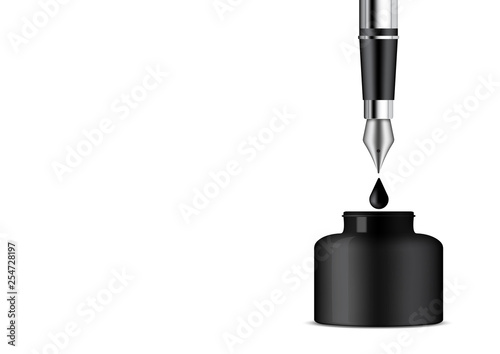 3D Realistic Ink Bottle and Pen on White Background Illustration Vector