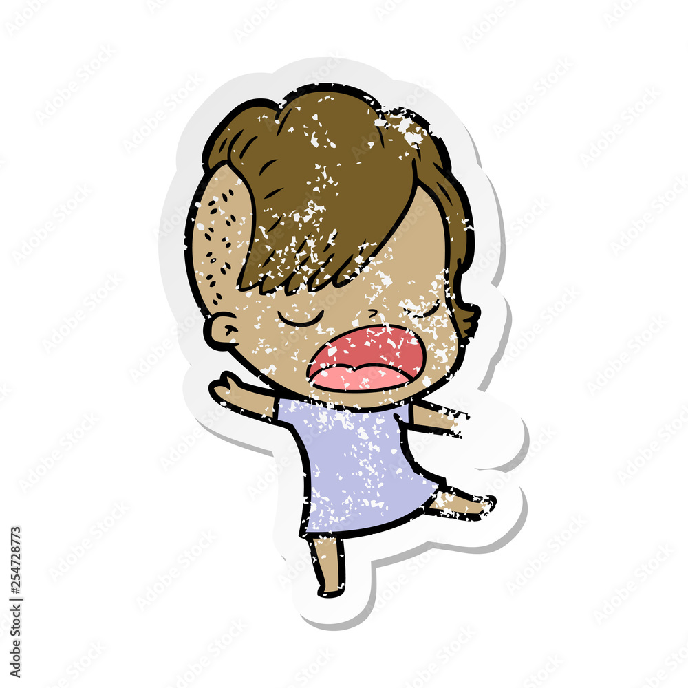 distressed sticker of a cartoon cool hipster girl talking distressed sticker of a cartoon cool hipster girl talking