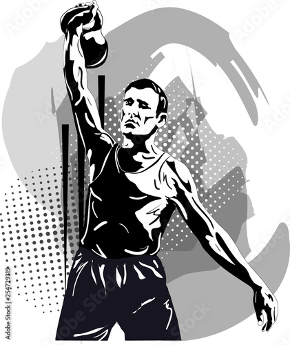 Black and white image of a young male athlete who raises a weight