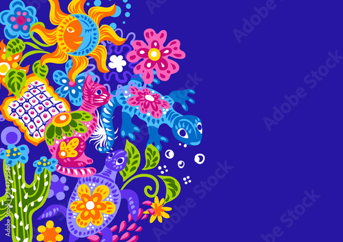 Mexican background with cute naive art items.