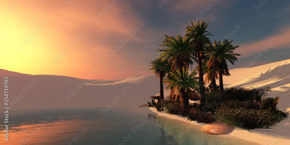 Oasis with palm trees in the sandy desert at sunset, sunrise over the oasis