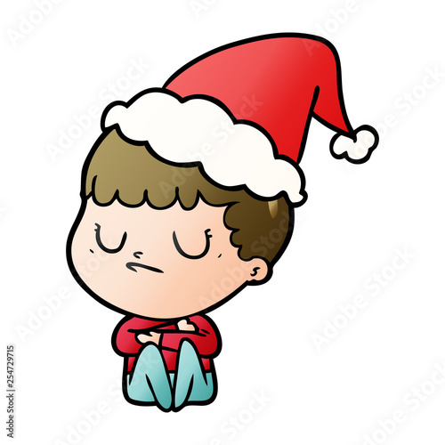 gradient cartoon of a grumpy boy wearing santa hat