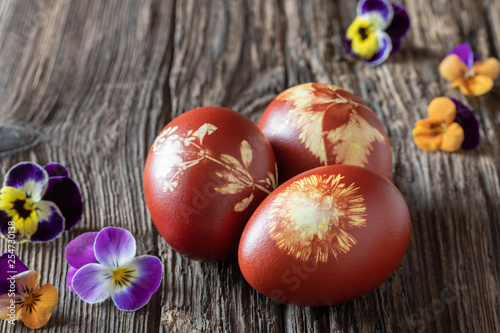 Easter eggs dyed with onion peels with a pattern of herbs