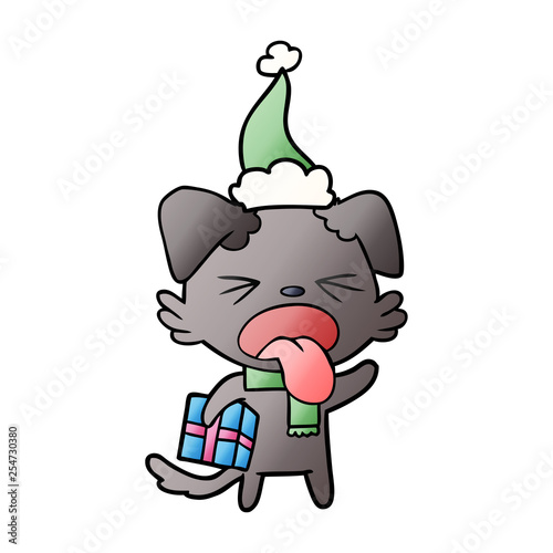 gradient cartoon of a disgusted dog with christmas gift wearing santa hat