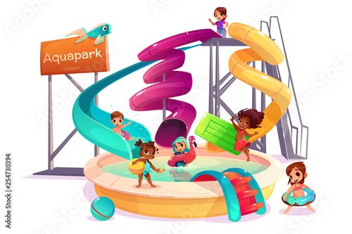 Multiethnic boys and girls sliding form water slide, swimming with inflatable ring, playing and having fun in pool cartoon vector isolated on white background. Children in amusement park attractions