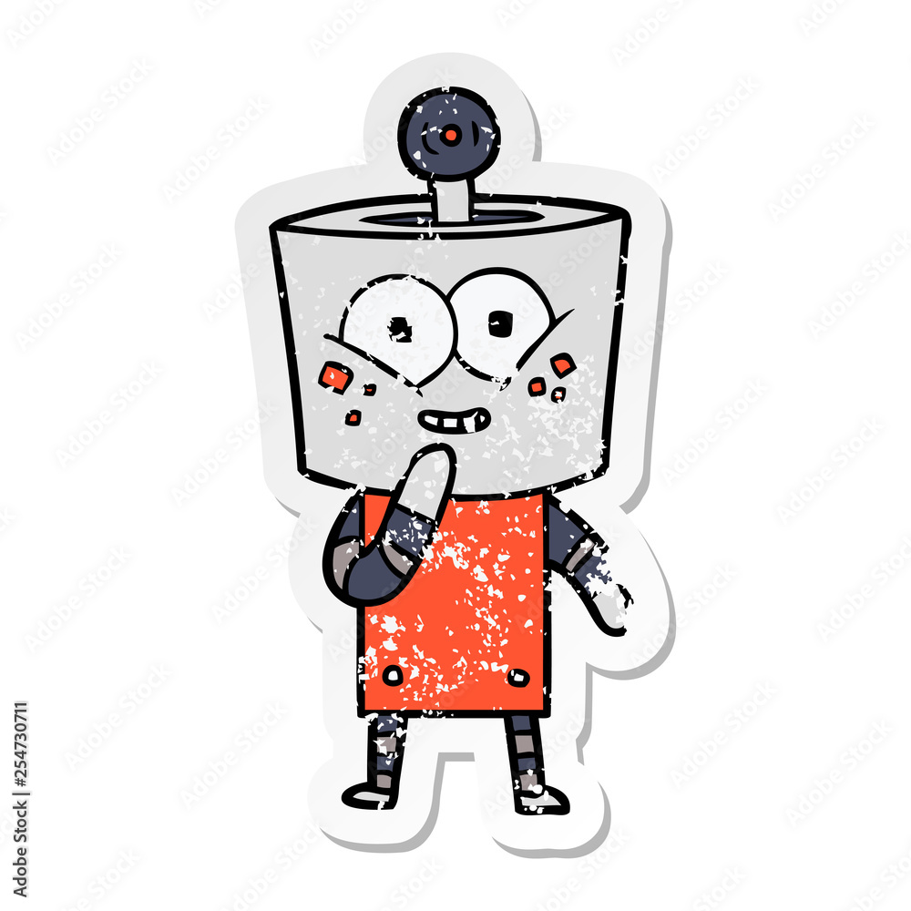 distressed sticker of a happy cartoon robot giggling distressed sticker of a happy cartoon robot giggling