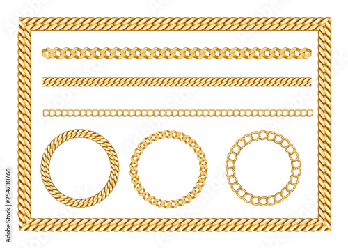 Golden chain set with belts gold and silver for fabric design, wallpapers, prints. Isolated vector illustration metallic accessories. - Vector 