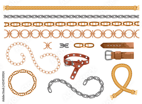 Set of the belt elements, chain and braid for fabric design. Vector Fashion Fashionable Collection with Braid, Golden Chain and Strap for Fabric, Textile Vector illustration.leather accessories gold -