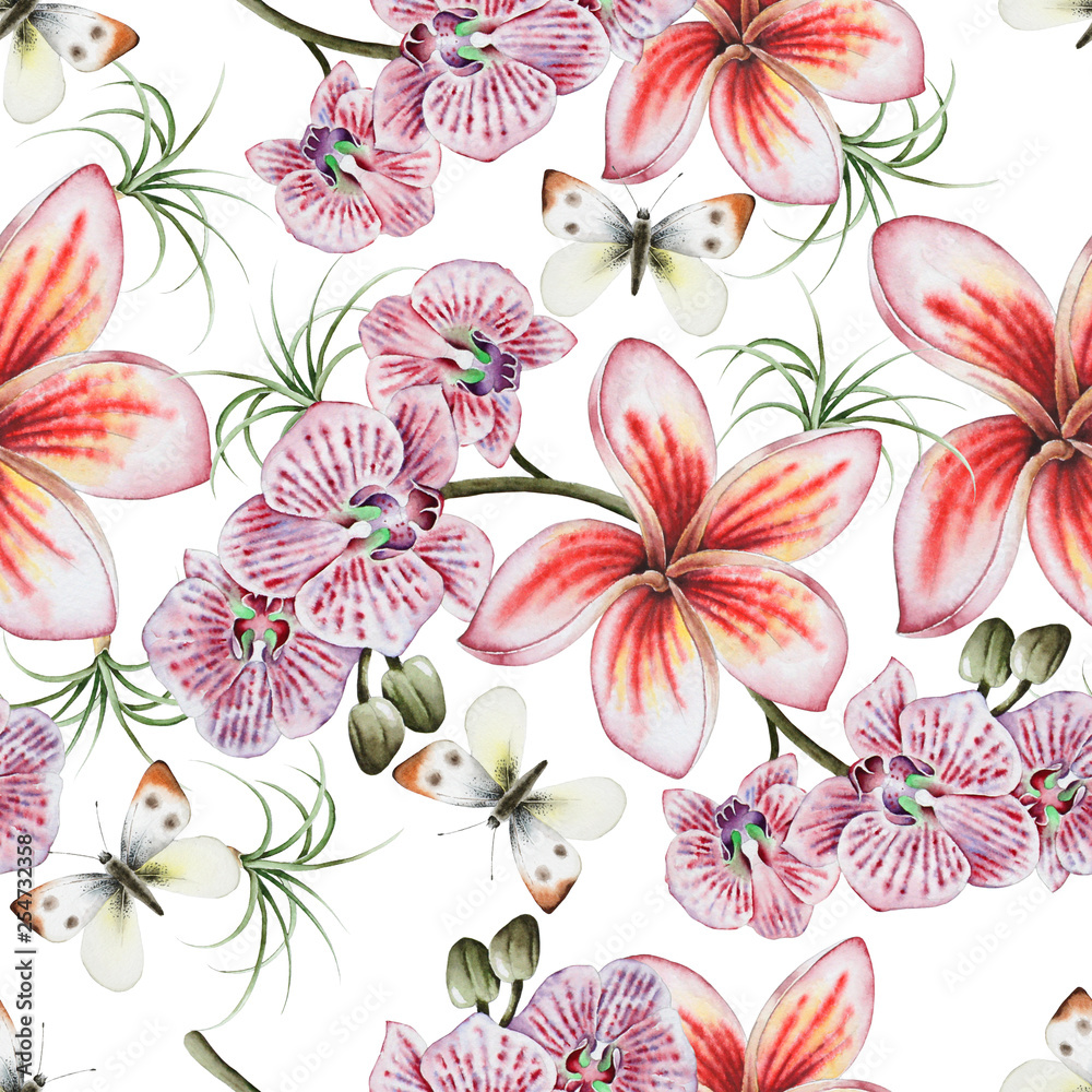 Bright seamless pattern with flowers. Plumeria. Orchid. Butterfly. Watercolor illustration. Bright seamless pattern with flowers. Plumeria. Orchid. Butterfly. Watercolor illustration.