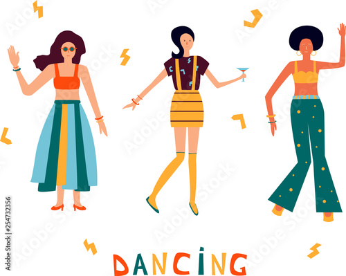 Iluustration with dancing women in bright clothes. Girl power background. Art can be used for International Women s Day.