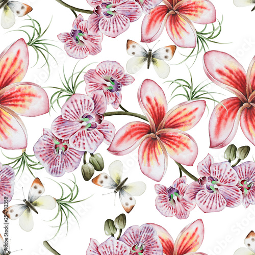 Bright seamless pattern with flowers. Plumeria. Orchid. Butterfly.  Watercolor illustration. © redneks