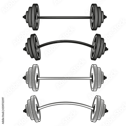 Set of barbells in monochrome style. Vector illustration.