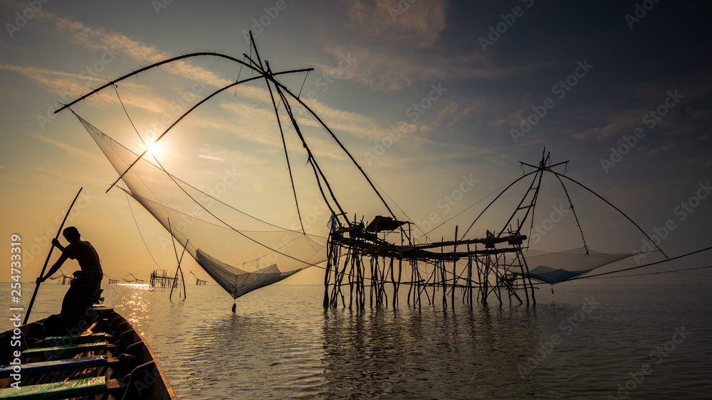 The big fish net trap at Pak Pra canal, Phatthalung, Thailand . Stock Photo
