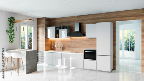 Billede på lærred Modern white kitchen, wooden wall and marble floor, modern spot lamps, minimalis