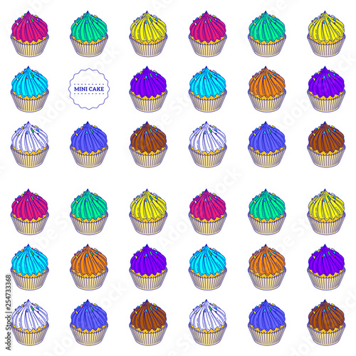 Mini cake's seamless pattern, cream twirl, cup cake, illustration